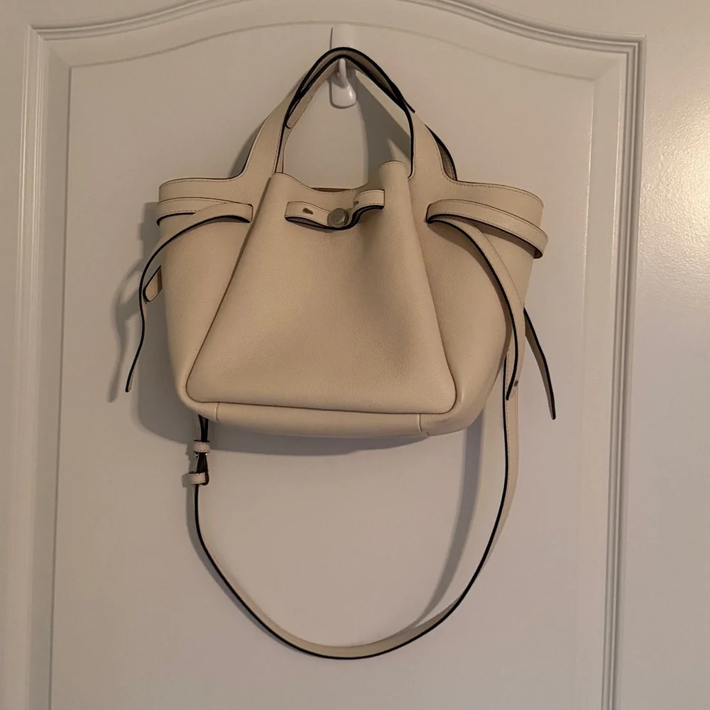 TORY BURCH Small Romy Tote Light Cream Leather Bag Handbag Silver Accents - Picture 15 of 16